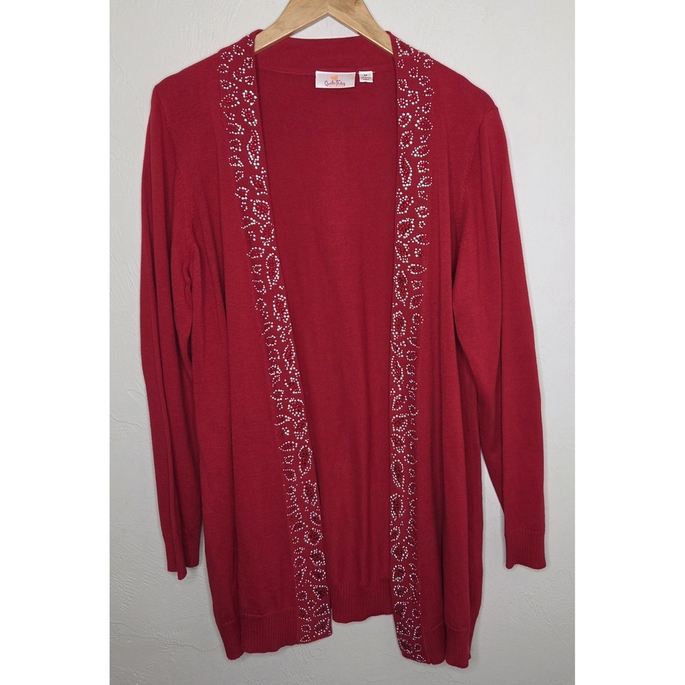 Quacker Factory Red Embellished Open Front Cardigan Sweater Women's Size Medium
